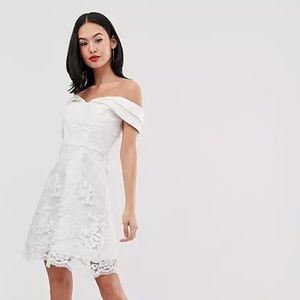 ASOS white off-shoulder lace flare mini dress